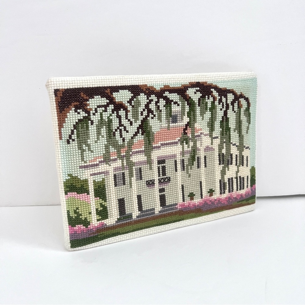 Small Needlepoint Art of Southern Colonial Home and Spanish Moss Tree Handmade